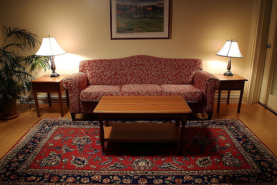 Red sofa and coffee table in living room interior