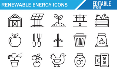 Vector thin line set of sustainability and renewable energy concepts with solar, wind, and natural resources