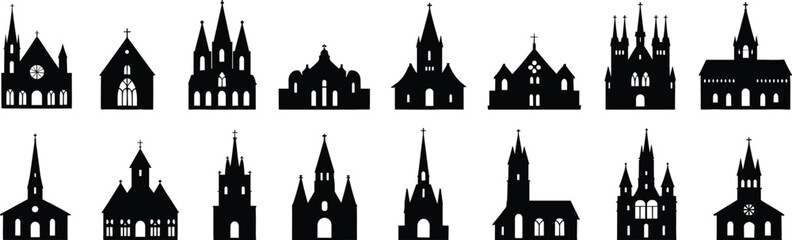 Obraz premium Church architecture silhouettes, historic religious buildings, diverse cathedral styles, cultural heritage, gothic steeples, domes, towers, Christian art, design inspiration