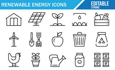 Solar panels, wind turbines, recycling bins, and organic farming outline icons in editable stroke style