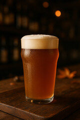 Chilled Pumpkin Spice Beer with Foamy Head in Rustic Bar