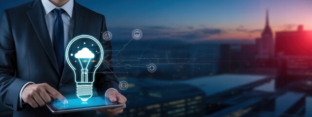 Fototapeta premium Business innovation: A businessman in a suit interacts with a digital interface displaying a glowing lightbulb and cloud symbolizing business innovation, ideas, and technological progress.