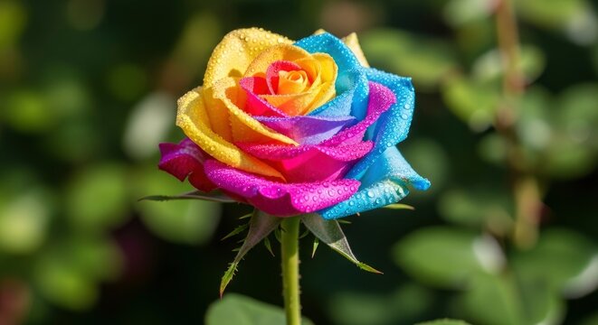 Vibrant multi-colored rose with dew drops showcasing a spectrum of hues on its petals set against a soft green background