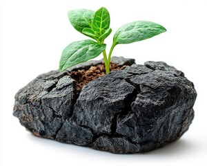 A small sprout emerges from a cracked, dark rock, against a white background.  Growth from adversity