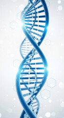Close-up of blue DNA helix structure, detailed 3D model, showcasing genetic code concept, representing science, medicine, and biotechnology