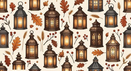 Fototapeta premium Warm Autumn Lanterns Pattern Design, Cozy Atmosphere, Illustration