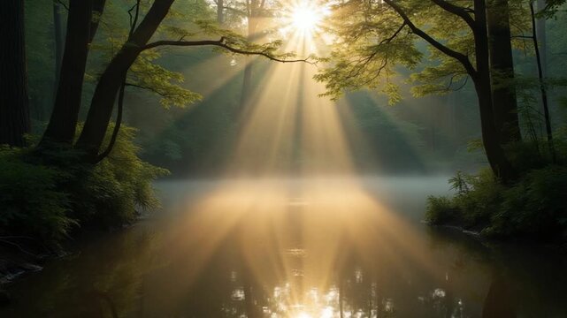 Sunlight filters through trees over a serene forest pond in early morning