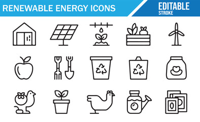 Editable line icon set of renewable energy and sustainability concepts including solar panels, recycling, wind turbines, eco gardening, composting, organic farming, and eco-friendly lifestyle elements