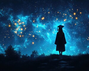 A graduate gazes at a starry night sky
