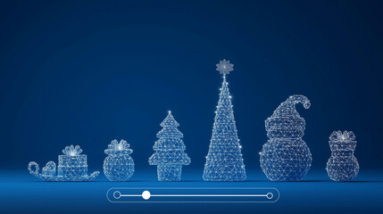 A futuristic wireframe Christmas scene with a loading bar, featuring white gifts, a white tree, and ornaments on a blue background in low-poly style.
