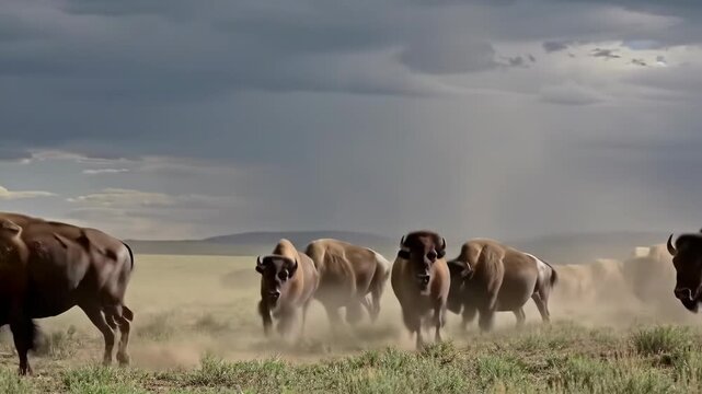 Herd of American Bison, a wildlife group running across prairie grassland habitat with storm clouds in sky, nature landscape.