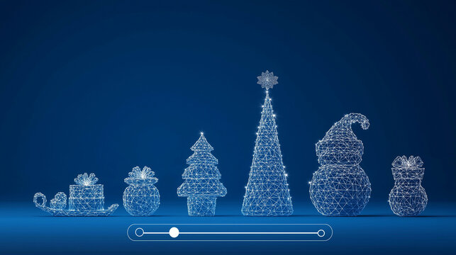 A futuristic wireframe Christmas scene with a loading bar, featuring white gifts, a white tree, and ornaments on a blue background in low-poly style.
