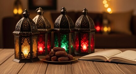 Experience the warm glow of Ramadan with these elegant lanterns, dates, and the Holy Quran for a truly blessed and spiritual celebration