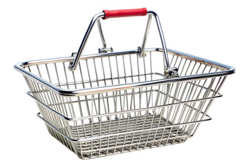 Empty metal shopping basket isolated on transparent background, ideal for illustrating retail, grocery shopping, or consumerism concepts in design
