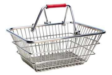 Empty metal shopping basket isolated on transparent background, ideal for illustrating retail, grocery shopping, or consumerism concepts in design