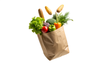 Paper bag full of fresh vegetables and bread isolated on transparent background, ideal for healthy eating, grocery shopping, and sustainable lifestyle