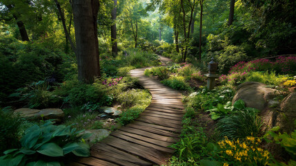 Obraz premium A winding wooden path meanders through a lush garden, surrounded by vibrant greenery, flowers, and serene natural beauty.