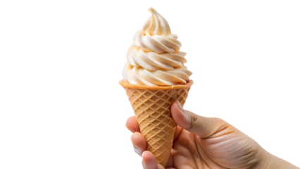 Hand holding a delicious soft serve ice cream cone isolated on transparent background, a sweet treat perfect for a hot day, refreshing and delightful