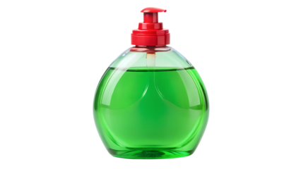 Green liquid soap in a transparent bottle with a red pump, perfect for handwashing and maintaining hygiene isolated on transparent background