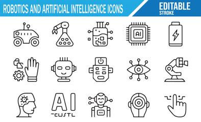 Robotics and artificial intelligence thin line icons for industry, smart systems, and automation technology
