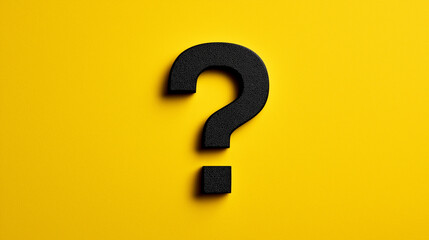 A 3D black question mark stands prominently on a yellow background, symbolizing curiosity, inquiry, mystery, and the pursuit of answers.