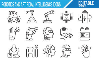 Machine learning and robotics icon collection with editable stroke for futuristic technology and innovation concepts