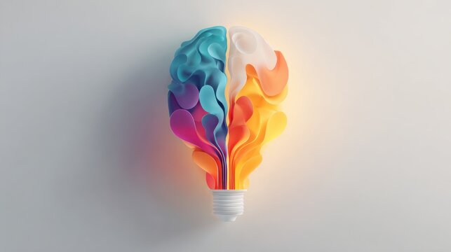 Abstract lightbulb shaped like a brain, filled with vibrant, swirling colors; cool tones on one side, warm on the other, against a plain white background
