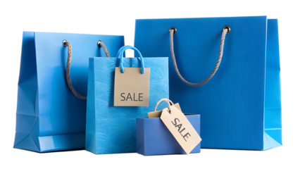 A group of blue shopping bags with sale tags isolated on transparent background, perfect for showcasing retail promotions and seasonal discounts