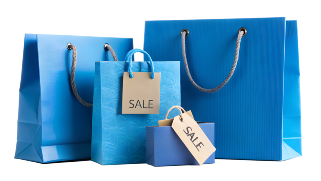 A group of blue shopping bags with sale tags isolated on transparent background, perfect for showcasing retail promotions and seasonal discounts
