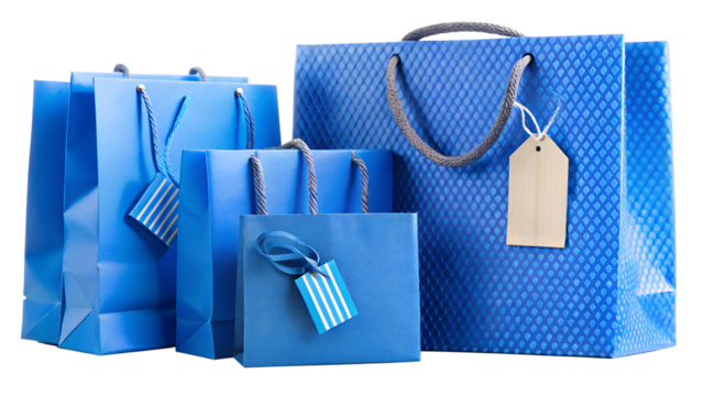 A collection of blue shopping bags with textured patterns and blank tags isolated on transparent background, ideal for branding and advertising