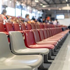 Fototapeta premium Rows of red and gray plastic chairs in a large waiting area