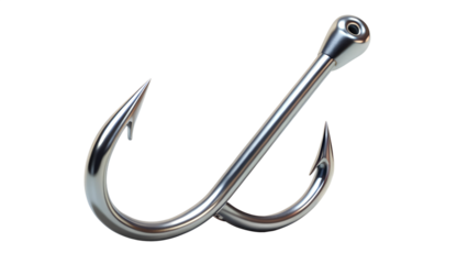 Closeup of a double fishing hook isolated on transparent background, a sharp and sturdy tool used for catching fish in angling and recreational fishing