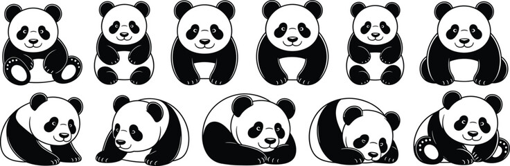 Cute panda bear illustration set, cartoon panda sitting and sleeping, adorable panda animal design, black and white panda clipart, vector