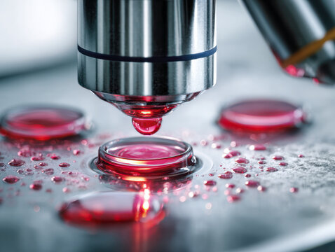 Close-up view of a microscope lens focusing on red liquid samples on glass slides for scientific research and laboratory analysis in medical testing