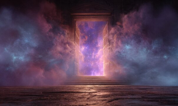 Magical portal reveals a celestial gateway with bright light