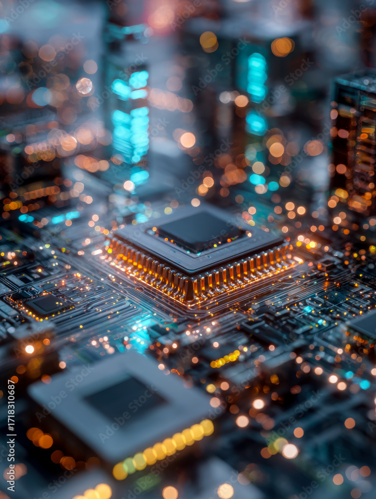 Poster close-up of a futuristic computer chip on a circuit board with illuminated cityscape background