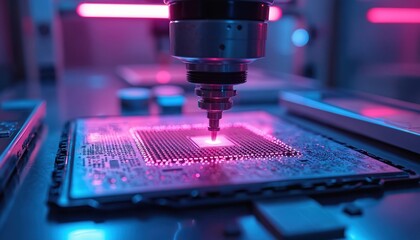 Robotic arm precisely handling semiconductor wafer in clean room. Photolithography equipment illuminates circuit board with pink light. Modern fabrication plant automation, electronics manufacturing
