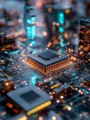 Obraz premium Close-up of a futuristic computer chip on a circuit board with illuminated cityscape background