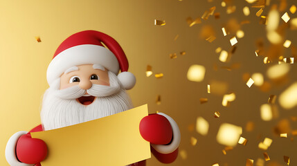 A jovial, animated character holds a blank golden card amidst a flurry of gold confetti against a golden backdrop, conveying festive cheer and anticipation.