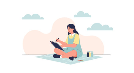 Smiling Artist Sits And Draws On A Clear Day, In Flat Design Illustration Style
