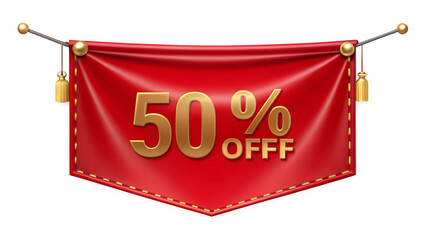 A vibrant red banner announcing a 50 off discount, isolated on transparent background, perfect for advertising campaigns and promotional materials with a bold statement
