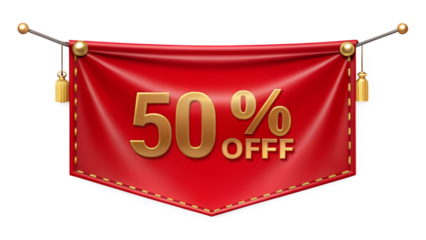 A vibrant red banner announcing a 50 off discount, isolated on transparent background, perfect for advertising campaigns and promotional materials with a bold statement
