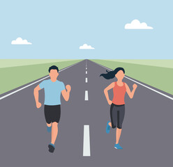 Obraz premium Two runners on an endless road under blue skies, symbolizing fitness, determination, freedom, and the journey ahead