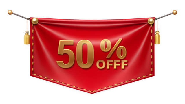 A vibrant red banner announcing a 50 off discount, isolated on transparent background, perfect for advertising campaigns and promotional materials with a bold statement