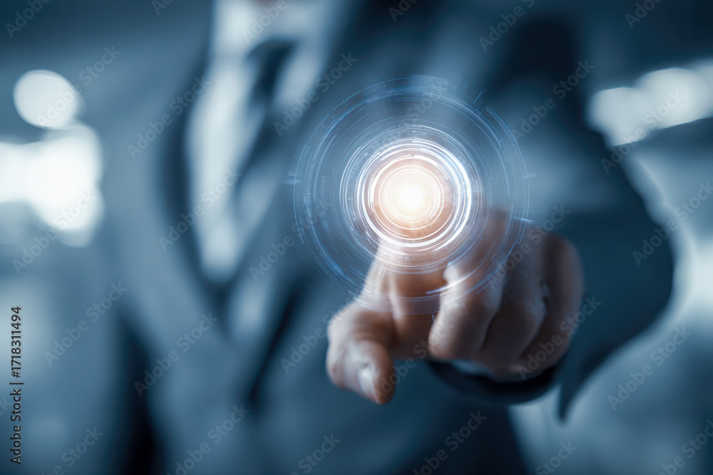 Poster Businessman in suit interacting with futuristic glowing digital interface representing technology innovation and virtual touch control with abstract blue background