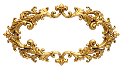 Elegant golden frame isolated on transparent background, showcasing baroque style with intricate floral details, ideal for adding a touch of sophistication and charm
