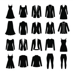 Modern Clothing Vector Icons  Minimalist Fashion Silhouette Set Featuring Dress, Suit, Coat, Jacket, T-Shirt, Pants, Jumpsuit for Apparel Branding, Digital Design & Print Ready Projects