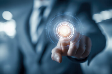 Businessman in suit interacting with futuristic glowing digital interface representing technology innovation and virtual touch control with abstract blue background