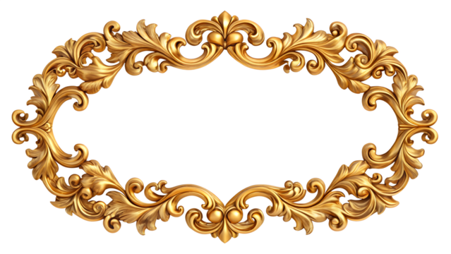 Ornate golden frame isolated on transparent background, featuring intricate baroque style and elegant floral accents, perfect for adding a touch of luxury