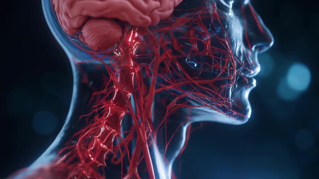 Explore the intricate human vascular system in a 3D visualization that illuminates arteries, veins, and the brain's connection to the body